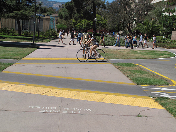 Bikes have the right of way on the paths, and (unlike roads) the pedestrian crosswalks do not give the pedestrians right of way.  There are warnings and textured strips to caution the pedestrians.  Bicyclists are expected to walk their bikes when on the pedestrian paths (with frequent warnings about heavy fines), but this rule seems to be routinely ignored.