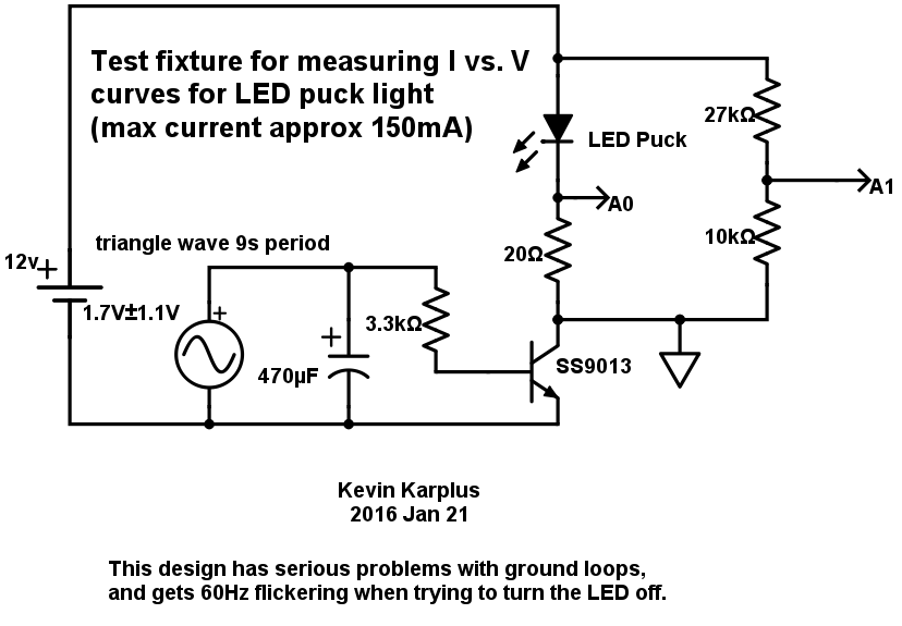 The first circuit I tried was not successful—the LED puck would not turn all the way off! I looked at the waveforms for the voltage and for the current with PteroDAQ, and determined that there was 60Hz pulsing when the LED was supposed to be off. I think that I had a ground loop problem among the three power supplies that was amplified by the bipolar transistor.